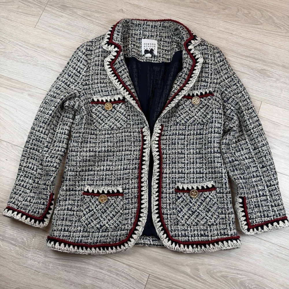 Edward Achour Paris Tweed Blazer Navy White Red Crochet Trim Gold Buttons Sz 40